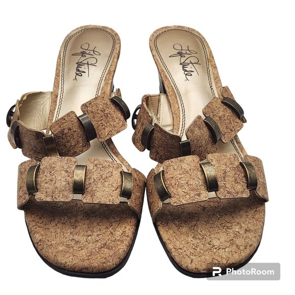 Life Stride Sunset Sandals Size 8.5 M Slides Cork Look Brass Accents EUC - Picture 1 of 7